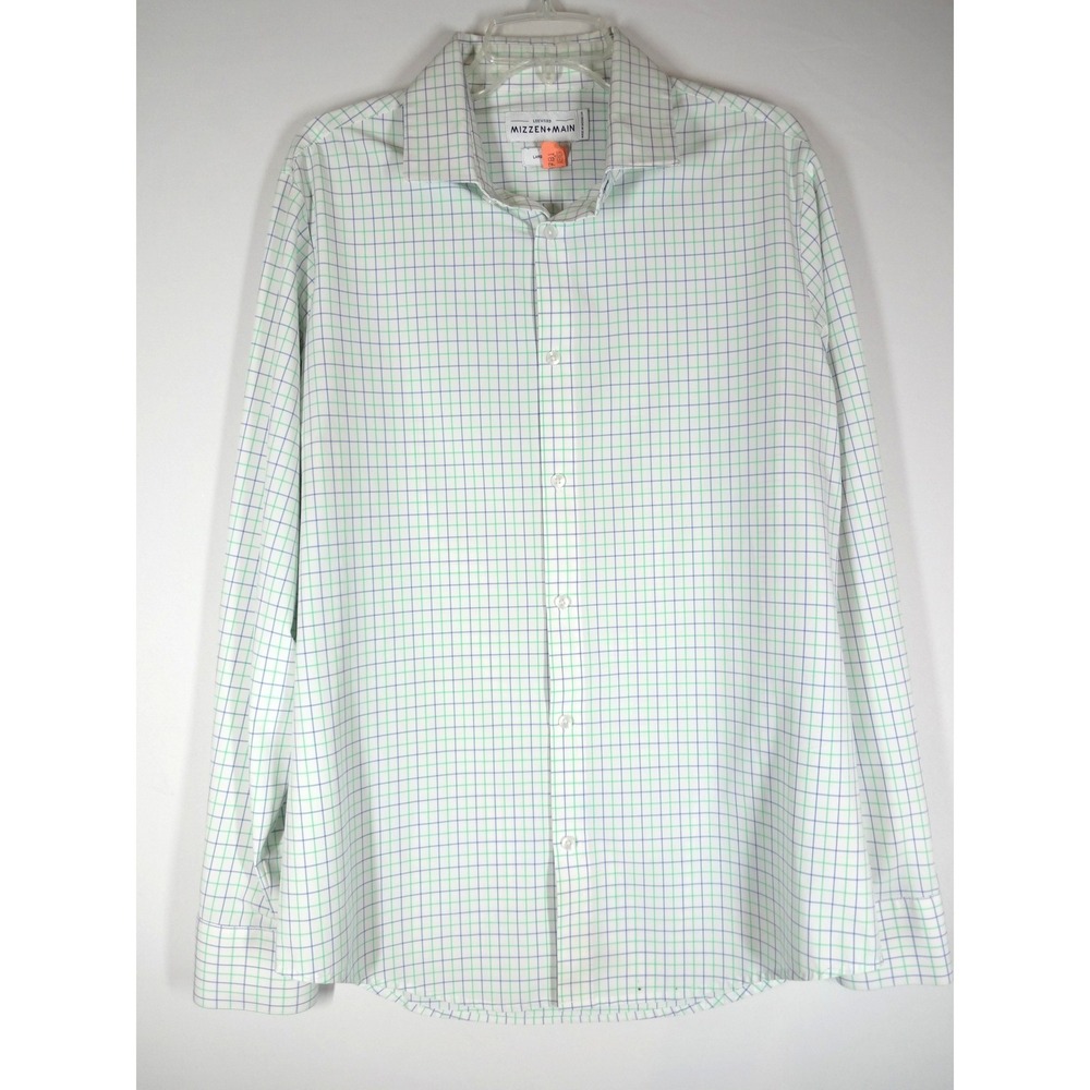 Mizzen + Main Leeward Shirt Mens Large Trim Fit Green Blue Check Performance